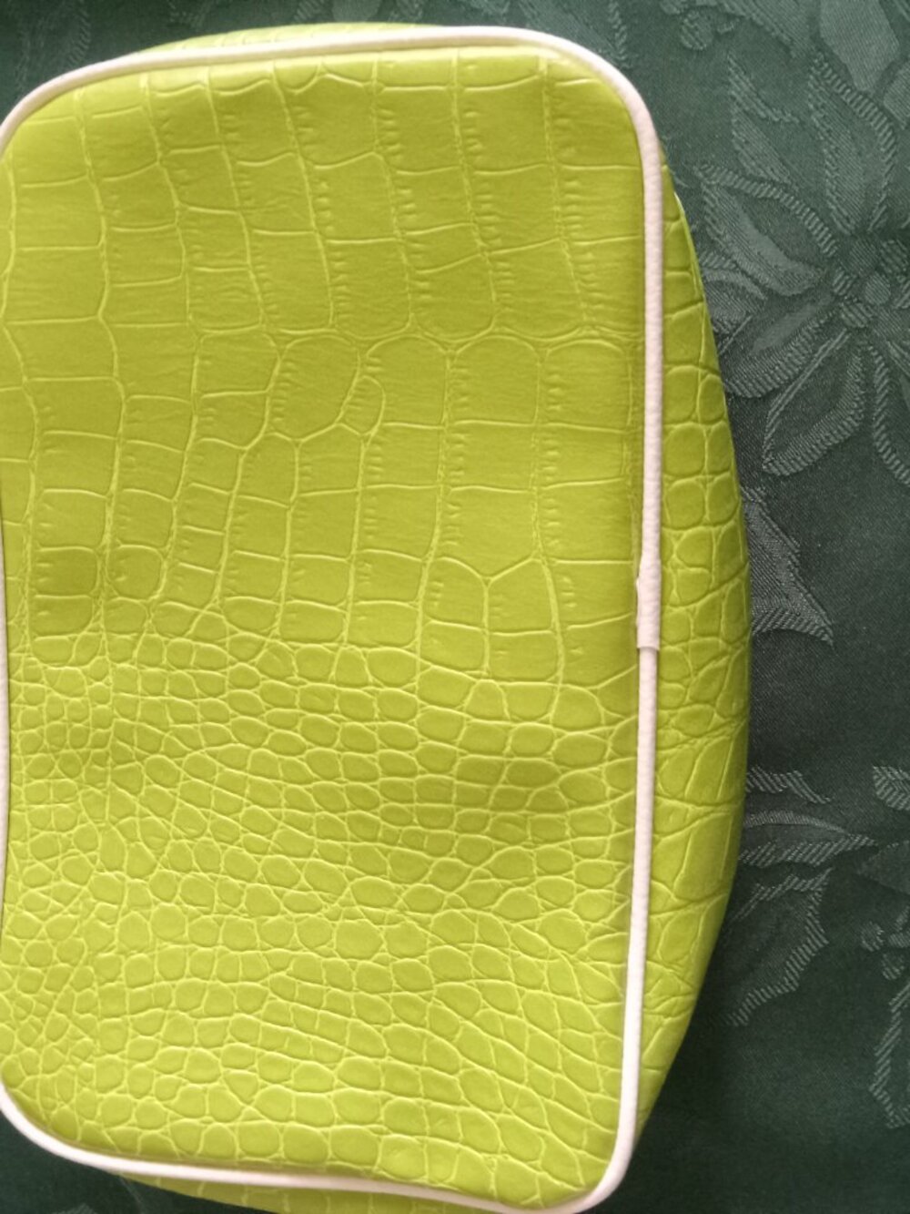 Lancome green faux crocodile cosmetic bag with white trim like new